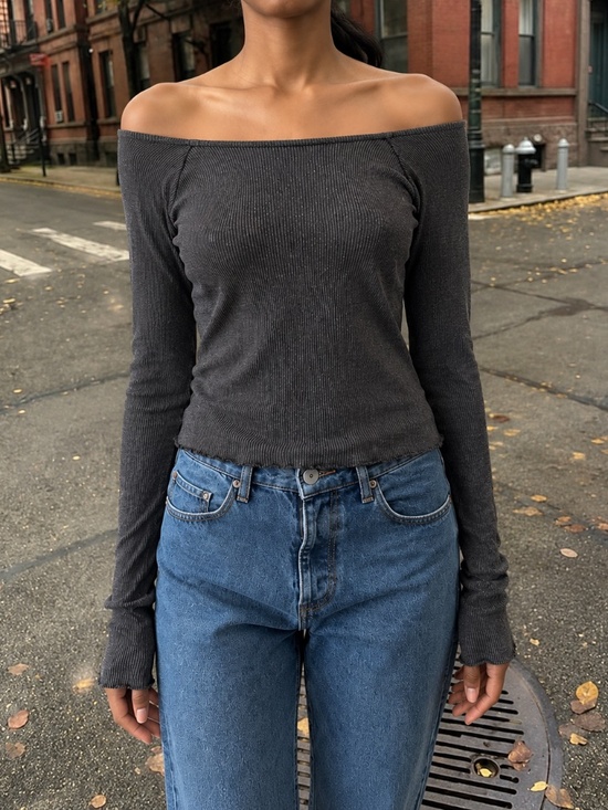Brandy Melville Tops - Brandy Melville Dark Grey Ribbed Off-Shoulder Long Sleeve Top | One Size (S/M)